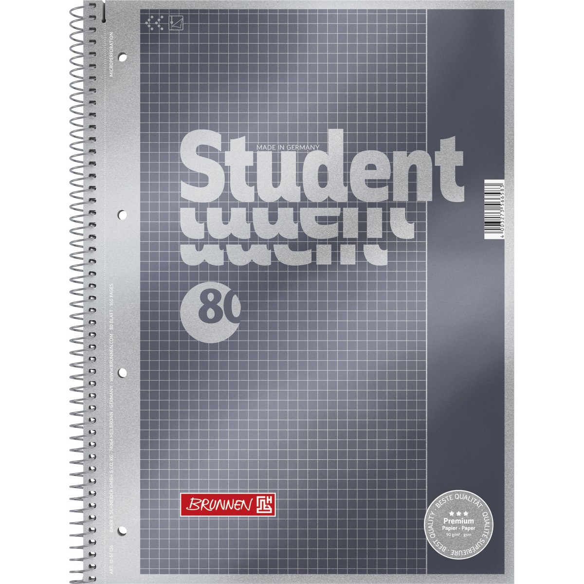 Collegeblock Premium Student A4 kariert, mit Rand, Lin. 26 DB: anthrazit-metallic