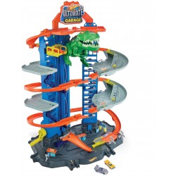 Mattel - Hot Wheels® Megacity Parkgarage mit T-Rex-Angriff, Autorennbahn inkl. 2 Spielautos
