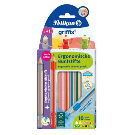 9 Buntstifte und 1 Bleistift griffix sortiert in Hängefaltsc