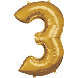 Grosse Zahl 3 Gold Folienballon N34 verpackt 53 cm x 88 cm