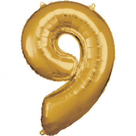 Grosse Zahl 9 Gold Folienballon N34 verpackt 63 cm x 86 cm