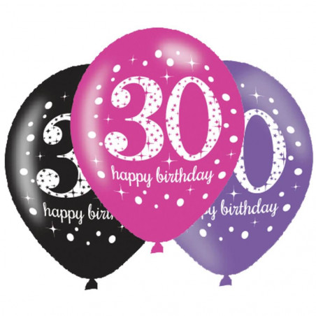6 Latexballons Pink Celebration 30 Jahre 27,5 cm / 11