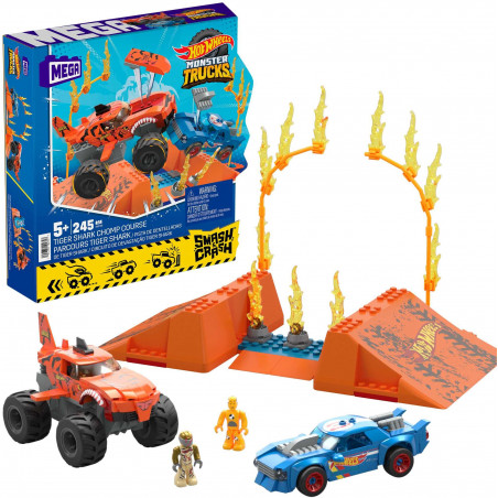 Mega Bloks - Hot Wheels Monster Trucks Tiger Shark Feuer-Rampe, inkl. 2 Autos & Zubehör