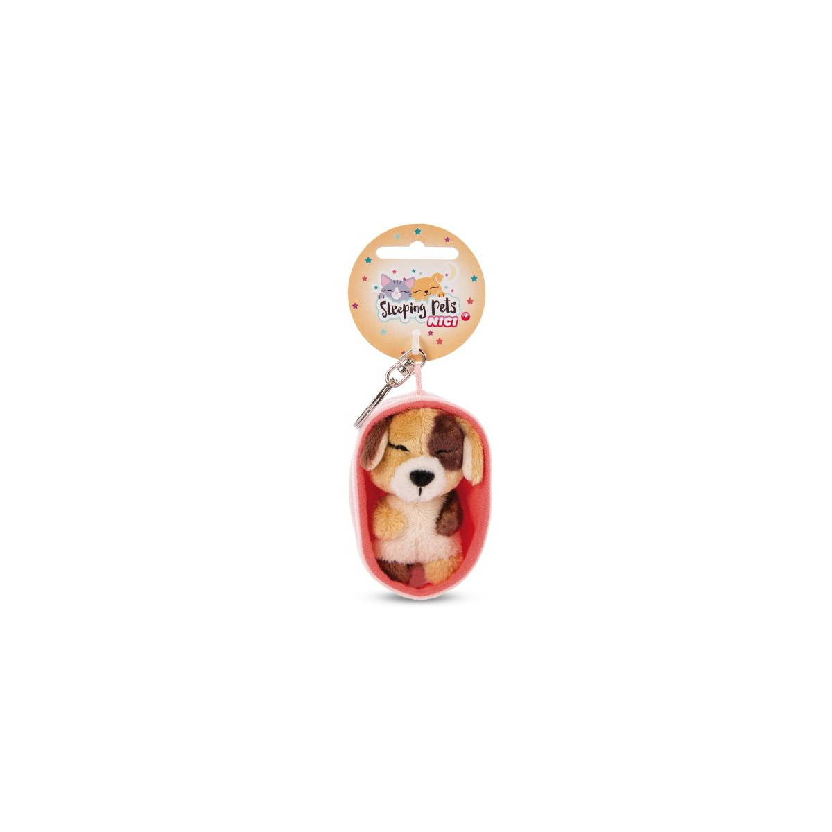 NICI - Sleeping Pets - Schlüsselanhänger Sleeping Pets Hund 8cm dreifarbig, Körbchen peach hell