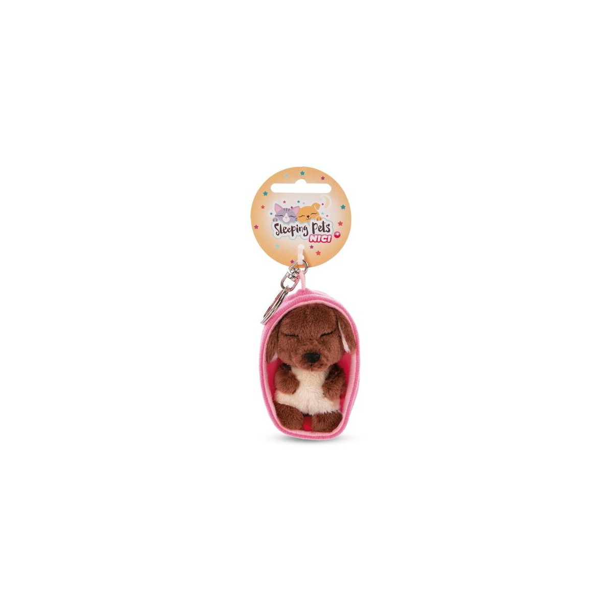 NICI - Sleeping Pets - Schlüsselanhänger Sleeping Pets Hund 8cm braun, Körbchen pink