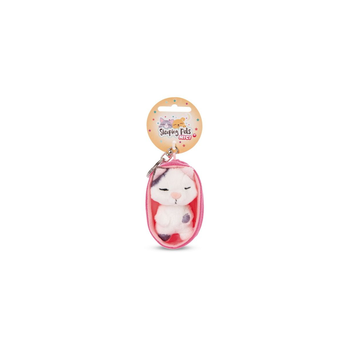 NICI - Sleeping Pets - Schlüsselanhänger Sleeping Pets Katze 8cm gefleckt, Körbchen pink