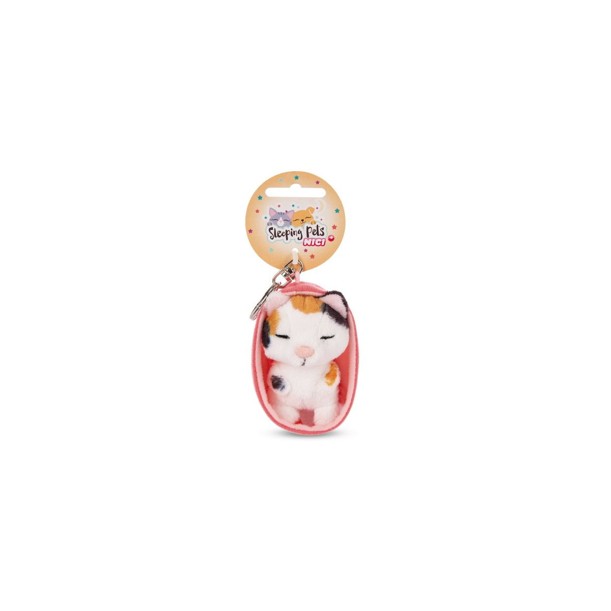 NICI - Sleeping Pets - Schlüsselanhänger Sleeping Pets Katze 8cm dreifarbig, Körbchen peach
