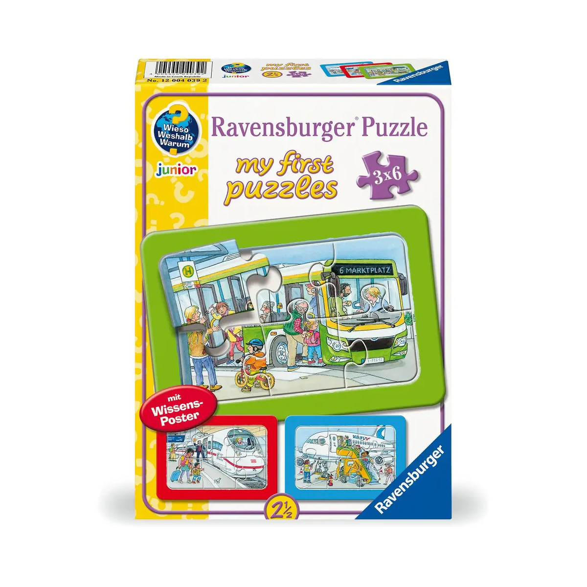 Ravensburger Kinderpuzzle - 12004039 Unterwegs mit Bus, Bahn und Flugzeug - my first puzzle mit 3x6 Teilen und mit Wie