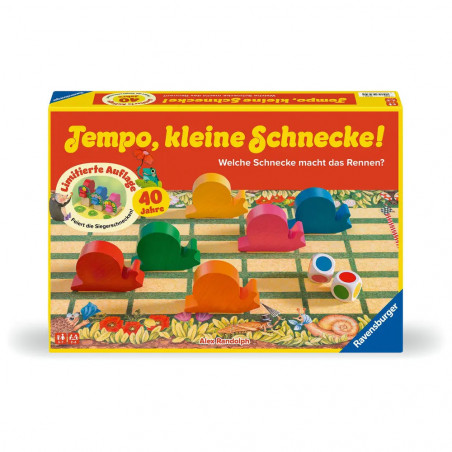 Ravensburger Kinderspiel 23034 - Tempo kleine Schnecke 40 Jahre Jubiläum, beliebtes Schneckenrennen mit zusätzlicher S