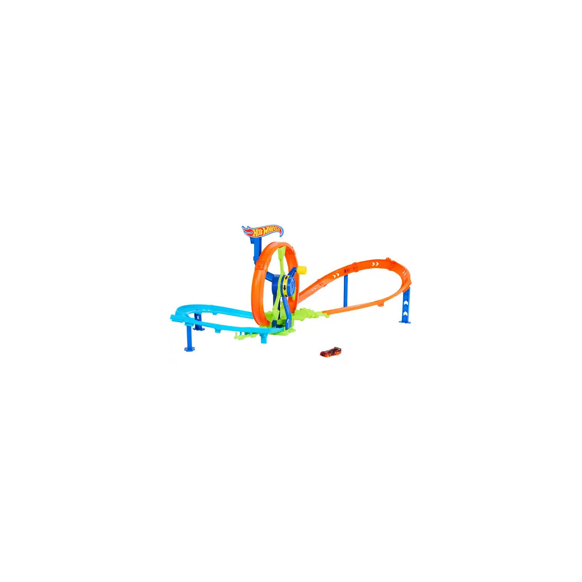 Hot Wheels Schnellstart- und Looping-Spielset mit Die-Cast-Spielzeugauto im Maßstab 1:64, Crash- und Streckenset