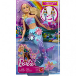 Barbie Flower Magic Meerjungfrauen-Spielzeugpuppe mit magischer Überraschungsblüte und perlenbesetztem Haarreif