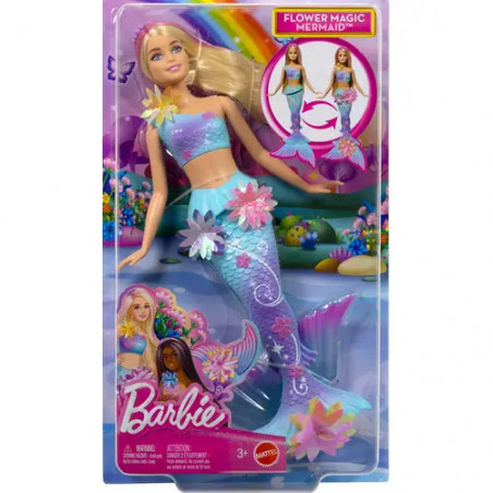 Barbie Flower Magic Meerjungfrauen-Spielzeugpuppe mit magischer Überraschungsblüte und perlenbesetztem Haarreif