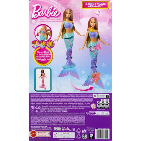 Barbie Flower Magic Meerjungfrauen-Spielzeugpuppe mit magischer Überraschungsblüte und perlenbesetztem Haarreif