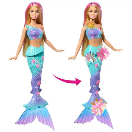 Barbie Flower Magic Meerjungfrauen-Spielzeugpuppe mit magischer Überraschungsblüte und perlenbesetztem Haarreif