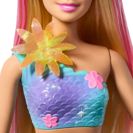 Barbie Flower Magic Meerjungfrauen-Spielzeugpuppe mit magischer Überraschungsblüte und perlenbesetztem Haarreif