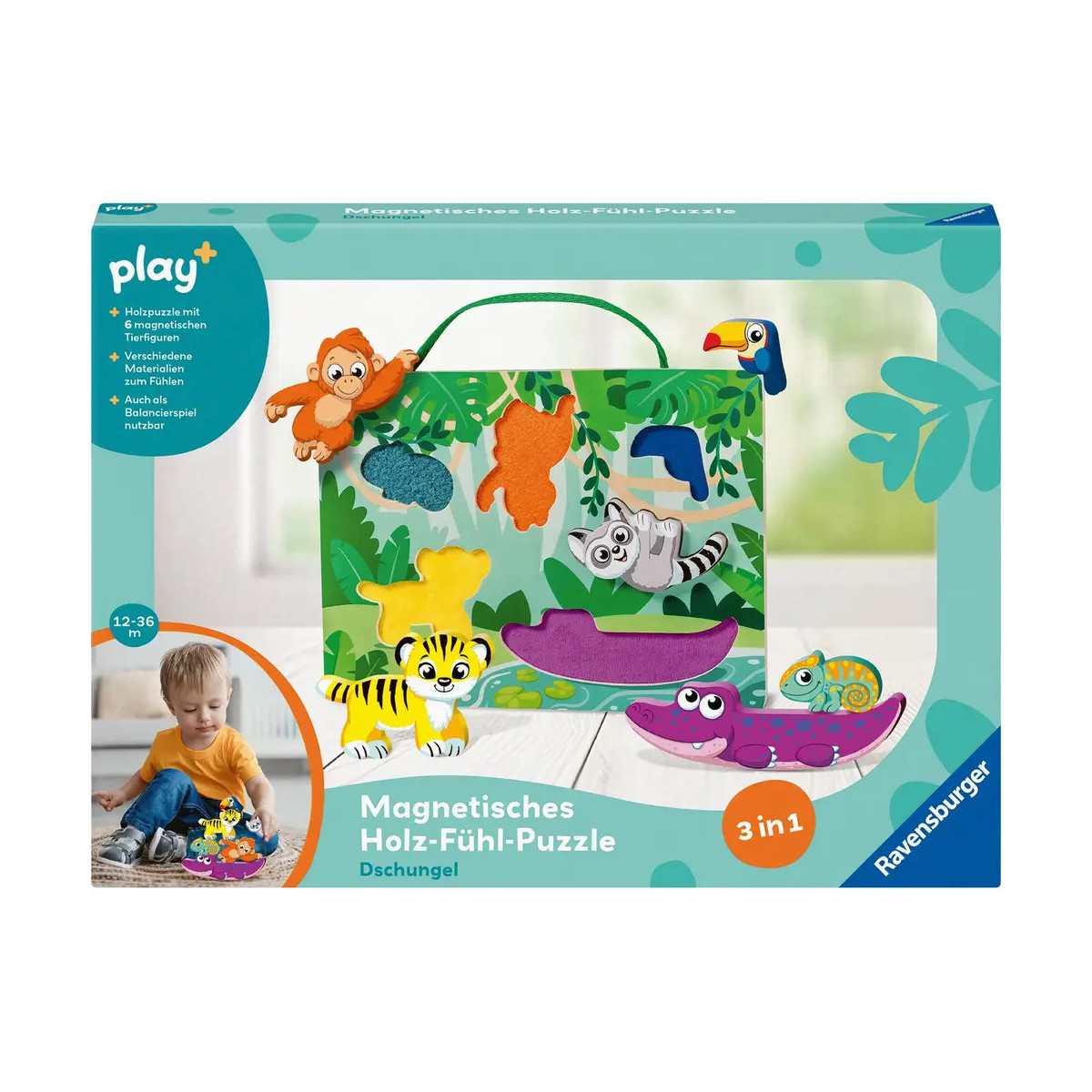 Play+ Magnetisches Holz-Fühl-Puzzle: Dschungel