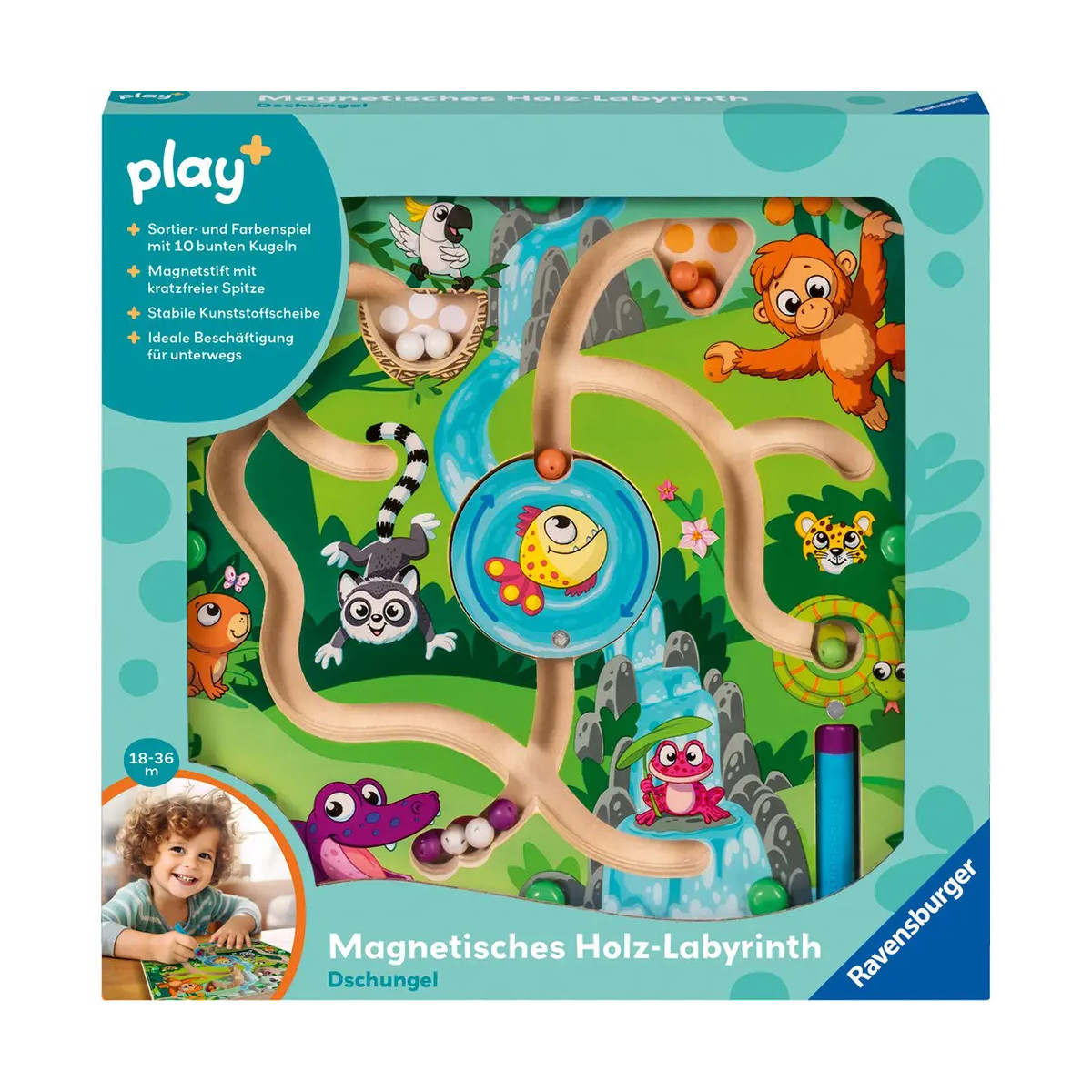Play+ Magnetisches Holz-Labyrinth: Dschungel
