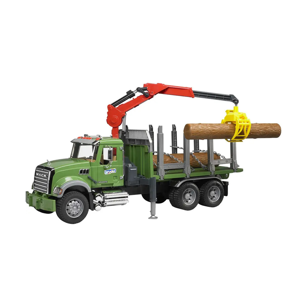 Bruder - MACK Granite Holztransport LKW, Ladekran, Greifer + 3 Baumstämmen