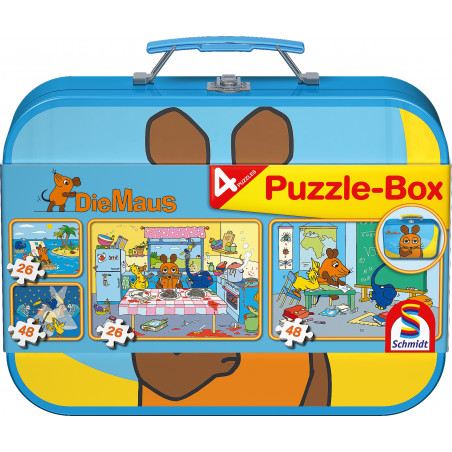 Schmidt Spiele - Die Maus, Puzzle-Box, 2x26, 2x48 Teile im Metallkoffer