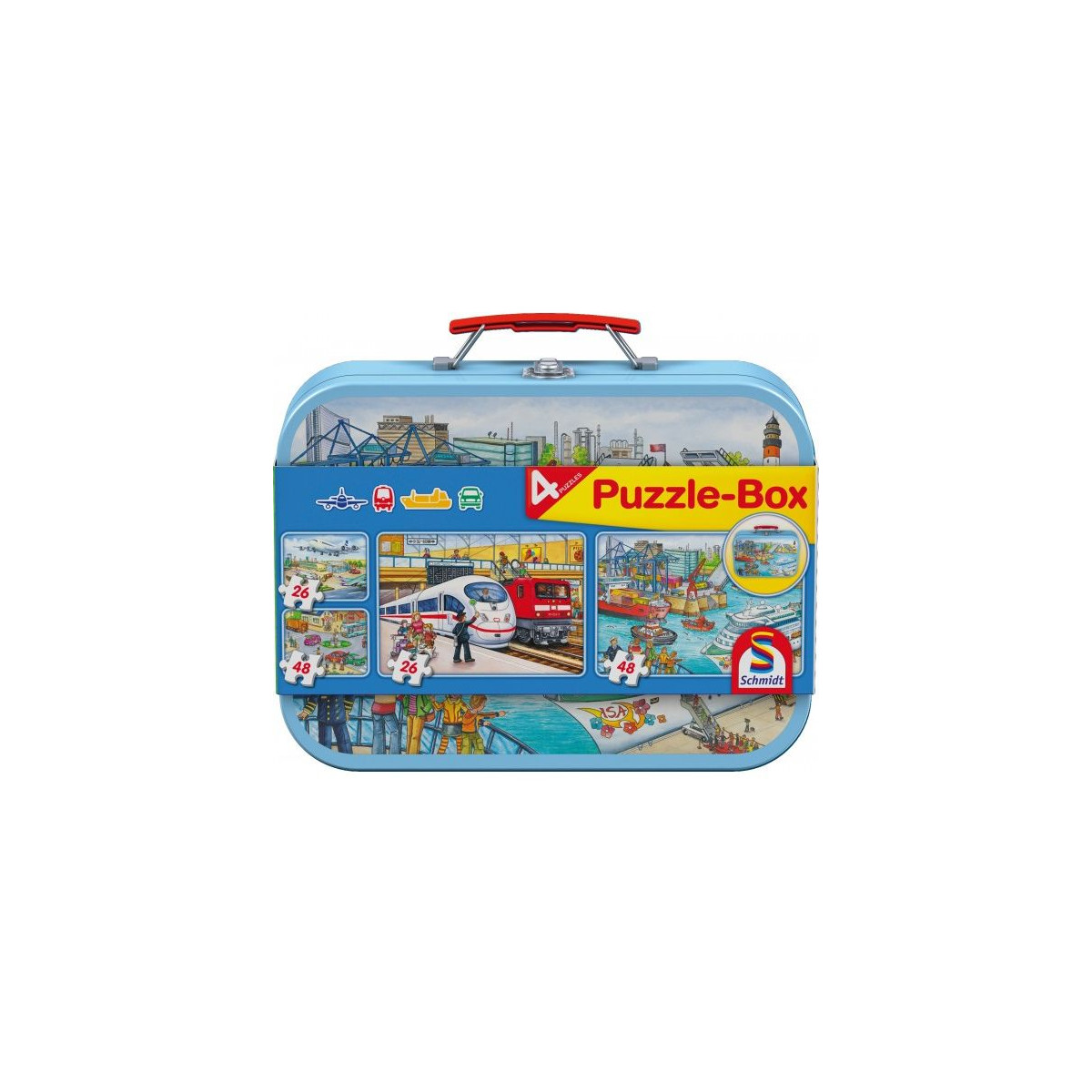Schmidt Spiele - Verkehrsmittel, Puzzle-Box, 2x26, 2x48 Teile im Metallkoffer