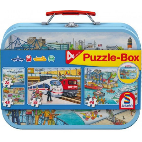 Schmidt Spiele - Verkehrsmittel, Puzzle-Box, 2x26, 2x48 Teile im Metallkoffer