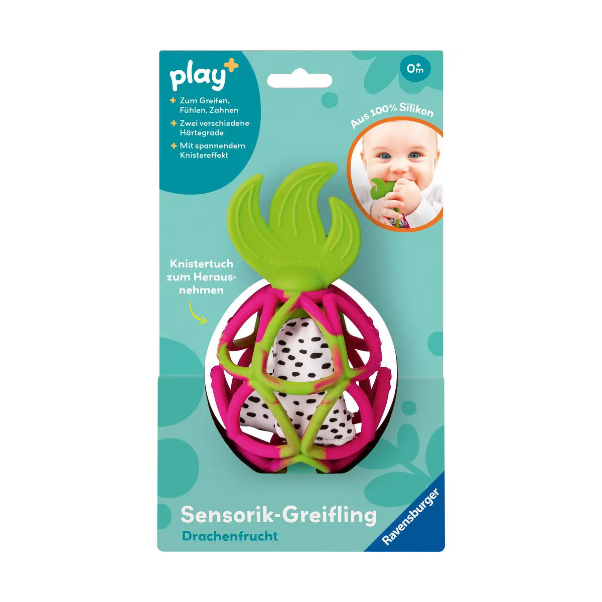 Ravensburger Play+ Sensorik-Greifling: Drachenfrucht, Baby Spielzeug ab 0 Monate, Zahnungshilfe, Motorikspielzeug aus