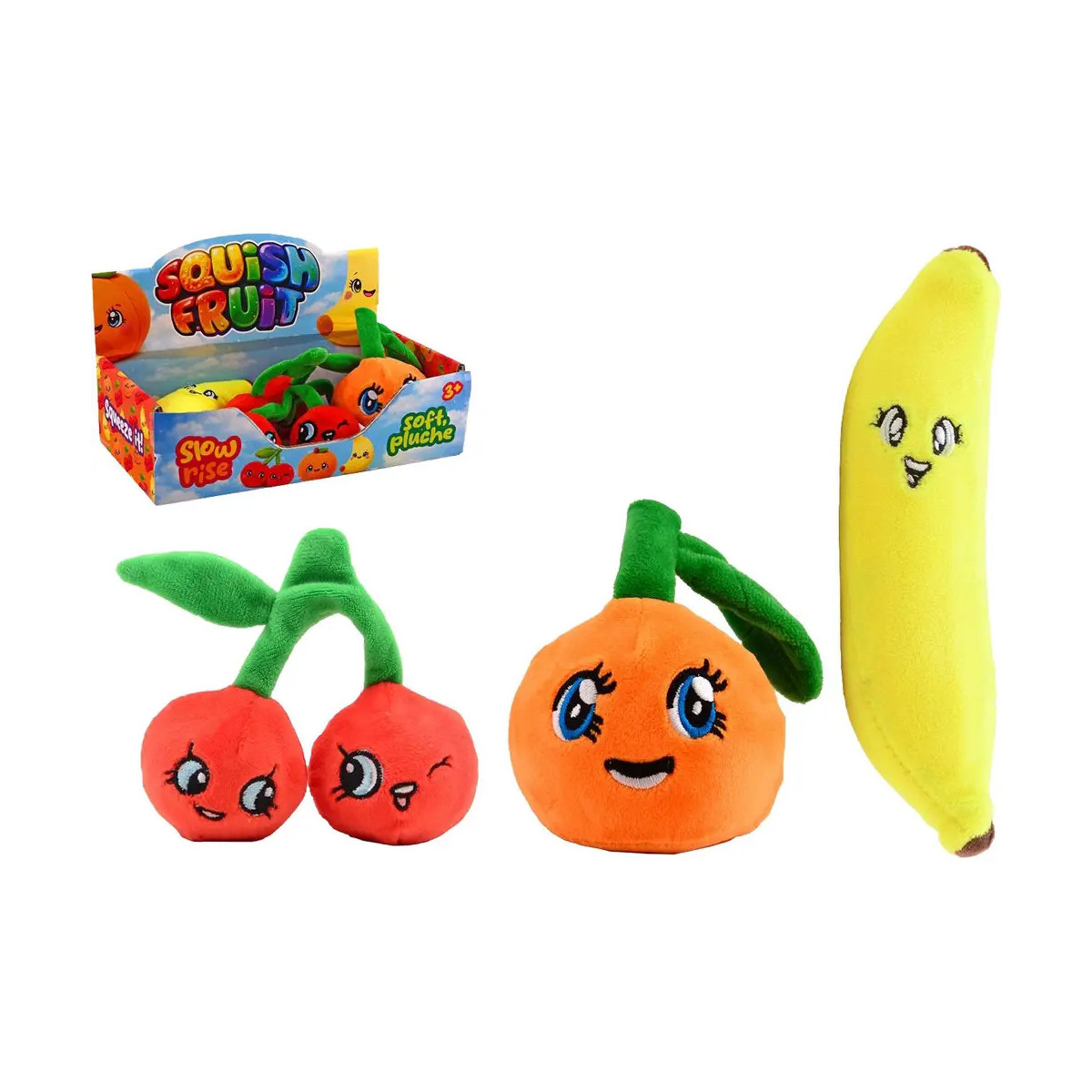 Slow rise pluche fruit in display, 3 assorti