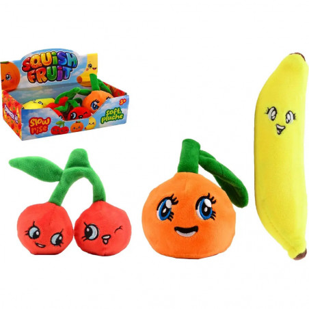 Slow rise pluche fruit in display, 3 assorti
