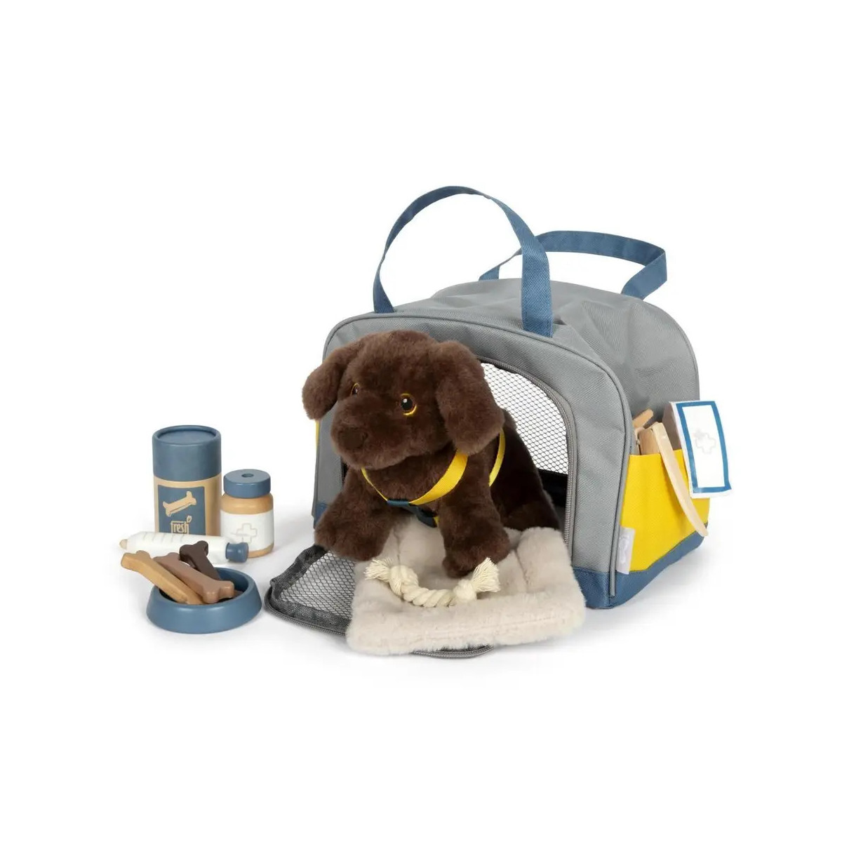 Hund mit Tasche und Pflege-Set